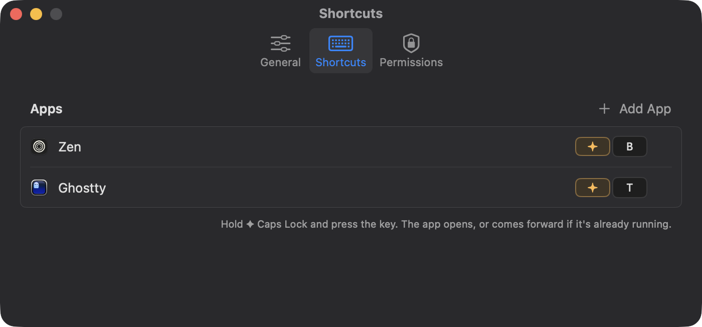 Superkeys Shortcuts settings with Zen on ✦ B and Ghostty on ✦ T